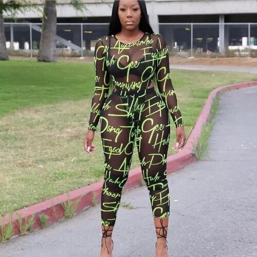 Women Two Piece Set Neon Letter Print Mesh Spliced Long Sleeve See Through Bodysuit And Skinny Pants Sweat Suits 2 Piece Outfit