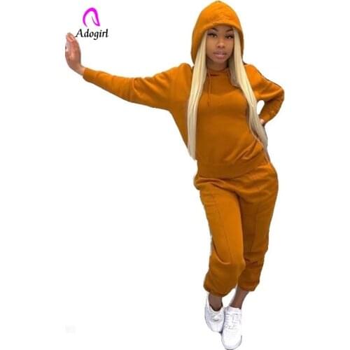 Fitness Women 2 Piece Set Solid Color 2021 Tracksuit Hoodies + Baggy Sweatpants Casual Outfits Workout Warm Thick Activewear
