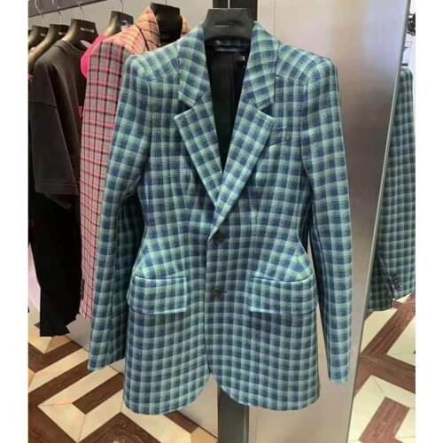 Vintage Plaid Blazer Women Long Sleeve Double Button 2021 Autumn Winter Fashion Female Lattice Shoulder Retro Suit