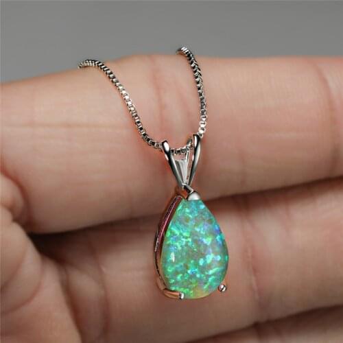 Female Cute Water Drop Pendant Necklace White Blue Green Opal Stone Necklace Boho Silver Color Chain Necklaces For Women Wedding