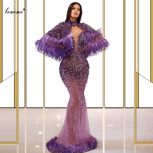 Plus Size Purple Evening Dresses Long Transparent Sequins Evening Gowns Feathers Celebrity Dresses Women Party Vestidos Largos