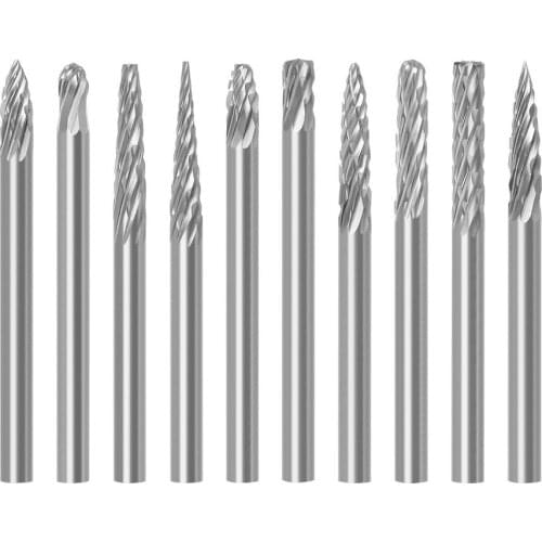 10PCS Solid Carbide Burr Set Woodworking Sharp Solid Carbide 3mm Shank Rotary Files Double Groove Rotary File Grinding Head