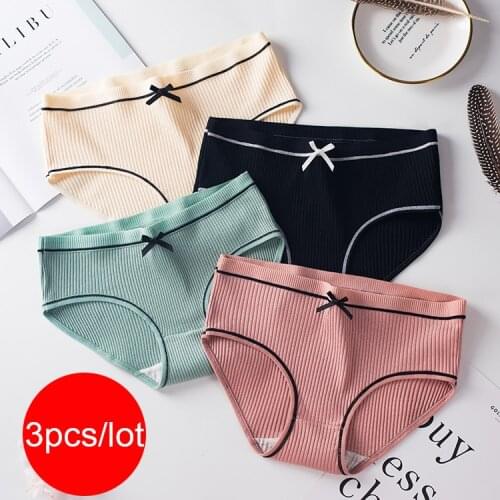 3Pcs/lot Womens Panties Cotton Lingerie Femme Sexy Underwear Solid Bow Intimates Breathable Mid-rise Underpants Cute Panty