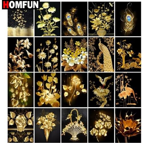 HOMFUN Diamond Painting Cross Stitch "Golden flower peacock" Full Square Round Diy 5d Diamond Embroidery Picture Rhinestone Art