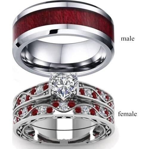 Carofeez Couple Ring Jewelry 8mm Stainless Steel Red Imitation Wood Men Ring Womens Heart Zircon Engagement Ring Wedding Band