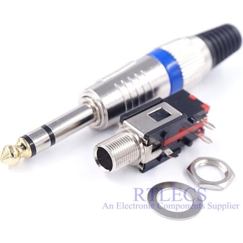 1 Piece 6.5mm 3 Pole Plug TRS 1/4" 6.35 Stereo Audio Jack Socket Guitar microphone amplifier Angled Thread lock panel mount