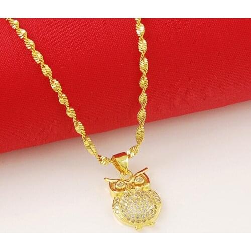 High Quality 24K Gold Filled Solid Owl Pendant Necklace Water-wave Chains Link Necklaces Female Accessories Fashion Jewelry 2019