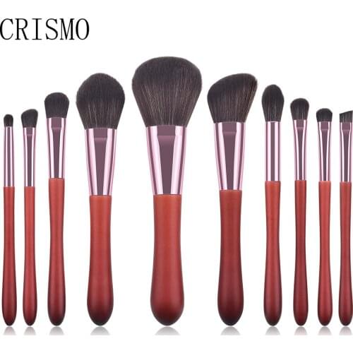 CRISMO Black Hair Essential Foundation Eye Shadow Blending Highlight Concealer 10PCS Makeup Brush Set With Red Wooden Handle