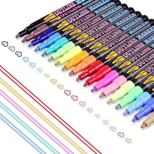 Double Line Outline Pens - 18 Colors Self Outline Metallic Markers Double Line Pen Doodle Dazzle Markers, Outline Markers Pens