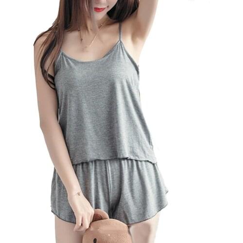 Women Solid Color Spaghetti Straps Camisole Elastic Shorts Cotton Sleepwear Set