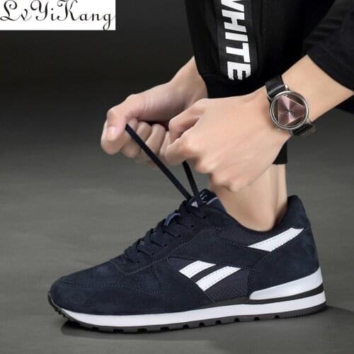 Genuine Leather Sneaker for Men Spring Casual Shoes Breathable Outdoor Walking Shoes Light Weight Rubber Sole Grey Blue 2019