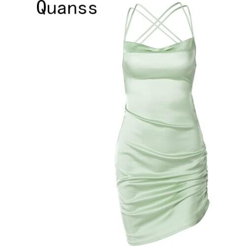 Quanss Summer Satin Women Mini Dress Shirring Lace Up Cross Bandage Backless Bodycon Sexy Party Elegant Dresses 2021 Club Outfit