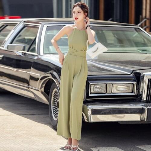 Summer Halter Jumpsuits 2021 Fashion Back Bow High Waist Drape Wide Leg Pants For Women Zipper Slim Commute Jumpsuit With Belt