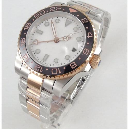40mm White Dial Black Ceramic Bezel GMT Function Sapphire Steel Case Luminous Automatic Movement Mens Watch