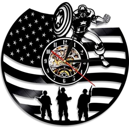 Fictional Character Steve Rogers Superhero Vinyl Record Wall Clock Home Theater American Soldier Wall Watch Film Lover Kids Gift