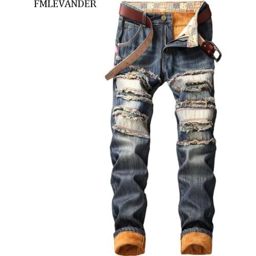 New Winter Warm Thick Jeans Plus Size 42 Vintage Washed Ripped Jeans Straight Pants Stretch Denim Men Jeans Winter