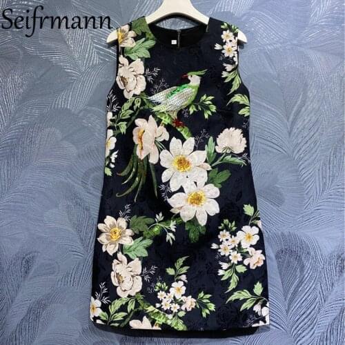 Seifrmann New 2021 Summer Women Fashion Runway Party Mini Dress Gorgeous Crystal Beading Sleeveless Floral Print Ladies Dresses