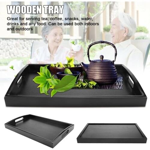 Serving Tray Large Black Wood Rectangle Food Tray Butler Breakfast Trays with Handles Easy to Grip E7