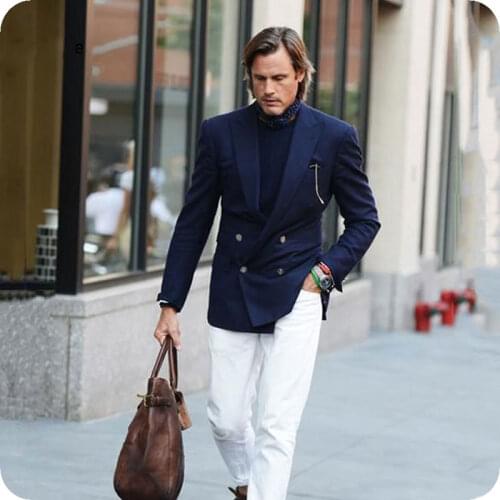 Navy Blue Mens Classic Suits White Pants Double Breasted Wide Peaked Lapel Slim Fit Groom Tuxedos Casual Business Prom Wear