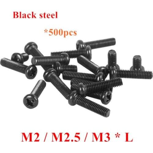 500pcs M2 M2.5 M3*3/4/5/6/8/10/12/16mm Screws Pan Phillips head machine screw Black steel