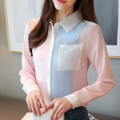 Plus size 2020 spring Women Chiffon Blouses Office Lady Shirts Long Sleeve Pocket Women Tops Casual Spliced Women Clothing