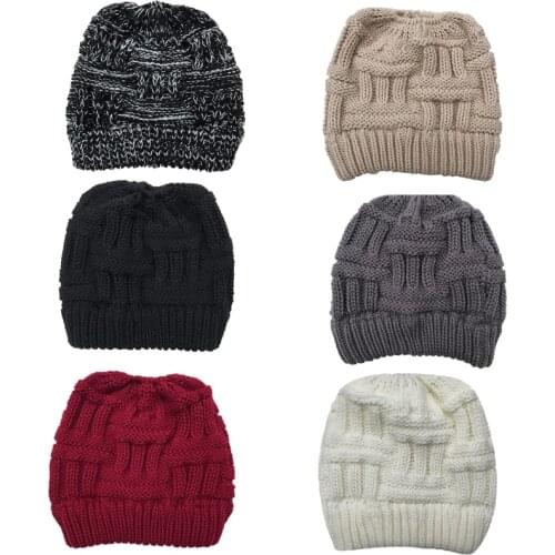Women Winter Chunky Plaid Crochet Knitted Beanie Hat with Ponytail Hole High Messy Bun Solid Color Stretch Snow Ski Skull