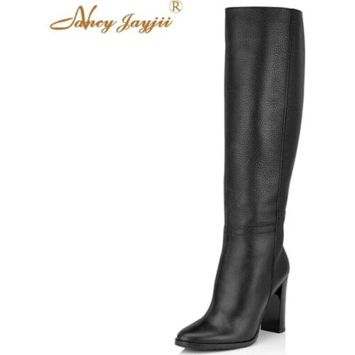 Nancyjayjii Black&Grey Suede Leather Round Toe High Heels Knee-High Boots Fashion Winter Shoes Dress&Party Large Size 5-16