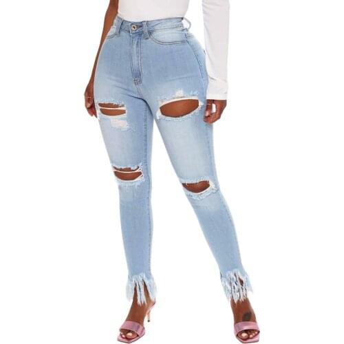 Women Tassel Slim Pencil Denim Pants 2021 Hole Elastic Skinny Cotton Soft Jeans Female Trousers Spring Fall Plus Size Streetwear