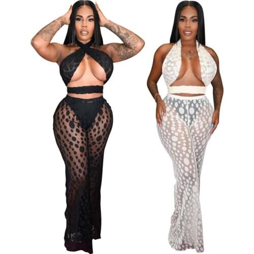 ZKYZWX Mesh Sheer Summer Two Piece Club Outfits Off Shoulder Crop Top Wide Leg Pants Women Clothing Sexy Beachwear Matching Sets