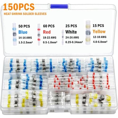 150PCS Waterproof Solder Seal Sleeve Splice Terminals Heat Shrink Insulated Electrical Wire Butt Connectors Assortment Kit