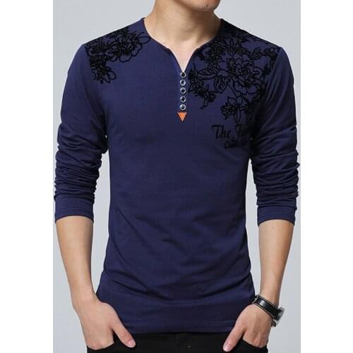 2021 Autumn Fashion Floral Print Men T-shirt Henry Collar Button Decorate Long Sleeve T-shirt for Men Tops Plus Size 5XL