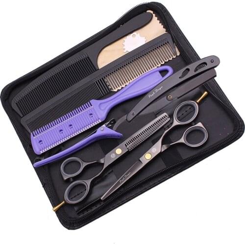 5.5 Black 440C Stainless Steel Professional Hairdressing Barber Scissors Set Hair Cutter Thinner Kit Razor Blade Comb Y1224
