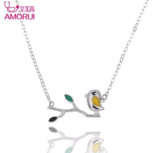 AMORUI Trendy Silver Color Yellow/Blue Enamel Birds Pendant Chain Necklace Fashion Jewelry Women Copper