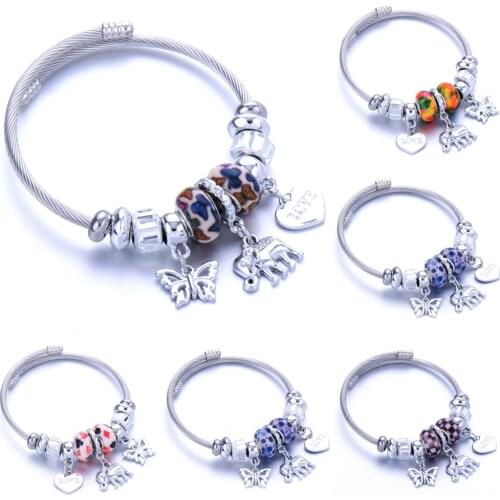 Elephant Love Charms Bracelets for Women Girl Crystal Beads Stainless Steel Adjustable Open Cuff Wire Cable Bangles DIY Jewelry