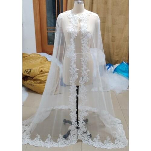 Long Wedding Cape Veil Lace White/ivory Wraps Appliques Lace Wedding Jacket Bridal Cloak black cape capelet wedding accessory