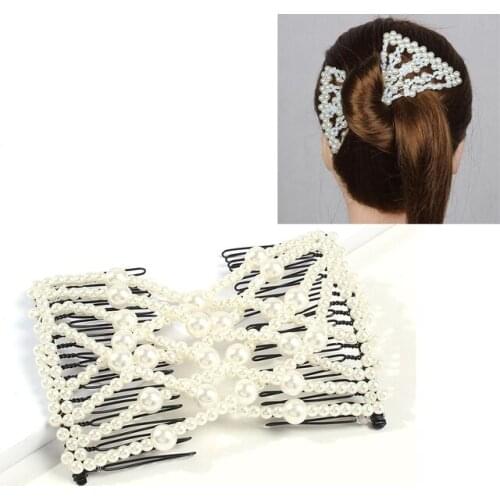 H:HYED NEW Fashion Professional Hair Comb Ladies Magic Beads Elasticity Double Bead String For Women Elastic Insert Comb Hairpin