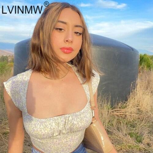 LVINMW Square Collar Flower Printed Sweet Slim Tank Tops Casual Fashion Draped Navel Outfits Floral Low Cut Sleeveless Crop Top