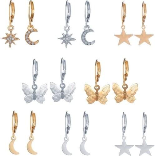8 Piece SetEurope America Cross Border Creative Butterfly Metal Alloy Earrings Amazon Hot Sale Star and Moon Earrings Combo