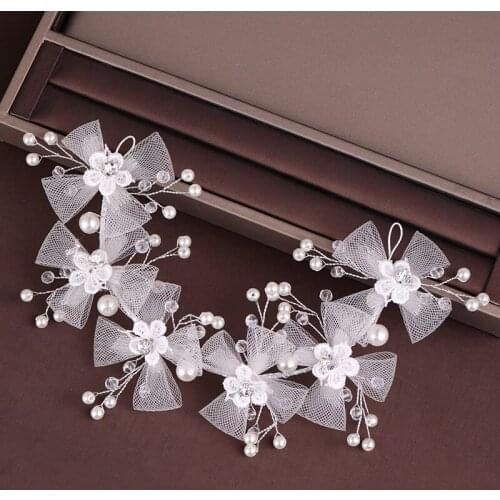 Cheap Silver Color Wedding Hair Accessories White Yarn Flower Headbands Pearl Handmade Tiara Hairband Headdress Bridal Headpiece