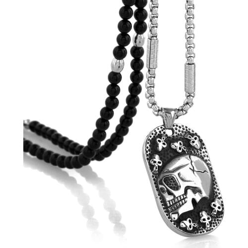 Men Gothic Skull Stainless Steel Pendant Necklace with Black Natural Stone Necklace 27 inch Chain