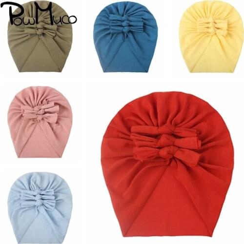 Powmuco 1 PCS Fashion Soft Baby Girls Turban Hats Solid Color Handmade Bowknot Infant Caps Cute Bows Headwear Photography Props