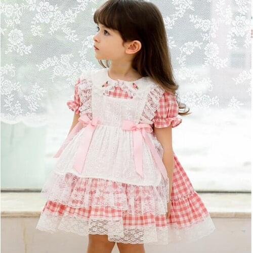 Retail 2021 Summer Baby Girls Boutique Lolita Embroidery Bow Lace Plaids Dress, Princess Kids Sweet Clothing 2-6T