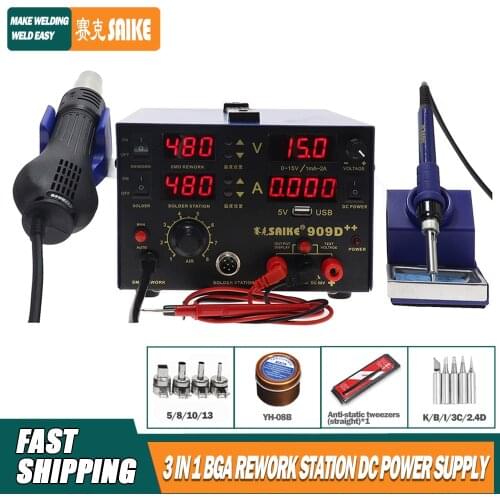 SAIKE 909D 909D ++ Hot air gun desoldering station Soldering iron station Mobile phone repair DC regulated power supply 15V 2A