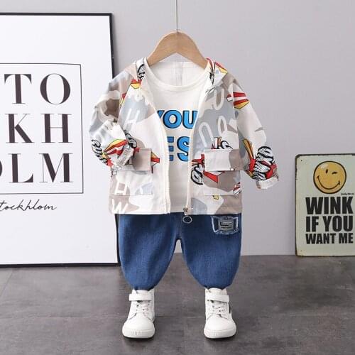 Spring autumn baby boy clothes set kids long-sleeve suit fashion cartoon print T-shirt jacket jean suit boy casual 3 piece suit