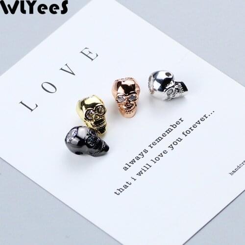 WLYeeS 4pcs white zircon Skull Pendant Copper Spacer beads Inlay Crystal metal Loose bead supply For Jewelry bracelet making DIY