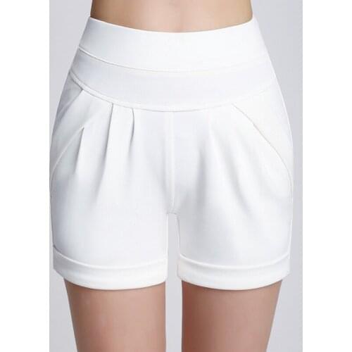 Women Beach Shorts Summer Plus Size Shorts Elastic Waist Ladies Solid Draped Shorts With Pockets Black White