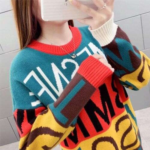 2019 Autumn and Winter New Female Sweater Long Tops Wild Pullover Letter Fashion Loose Knit Bottoming Shirt Knitwear Blusa f2318