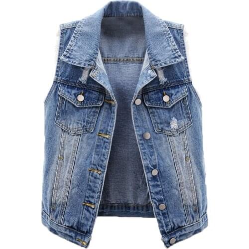 Womens Spring Autumn Sleeveless Vintage Ripped Blue Denim Vest Female Winter Plus Size Slim Short Waistcoat 5XL TB305