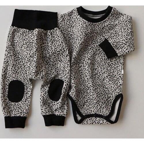 2021 Korea style girls boys 2 pcs leopard set rompers+long pants autumn cotton kids suit 6-24 month