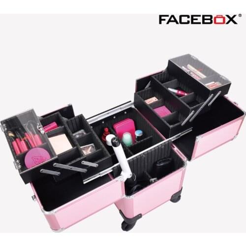 2016 Facebox Brand Three Layer Makeup Box with Trolley Beauty Case with wheels Professional makeup box 4 wheels Black and Pink